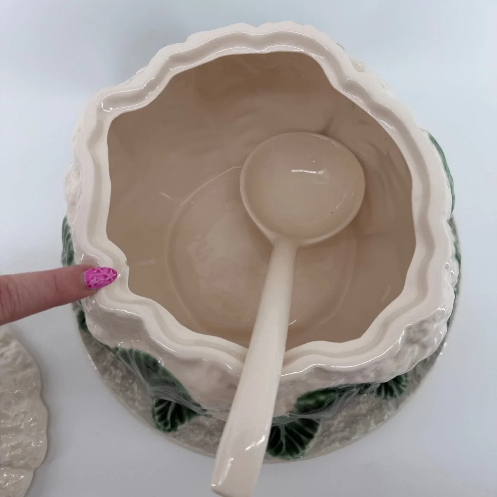 Vintage Portugal Ceramic Cauliflower Tureen Set Lid Ladle Underplate Majolica
